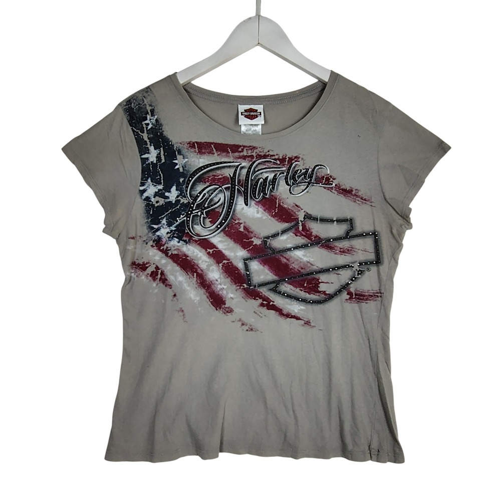 Harley-Davidson Womens Gray Graphic T-Shirt USA American Flag Rhinestone Large
